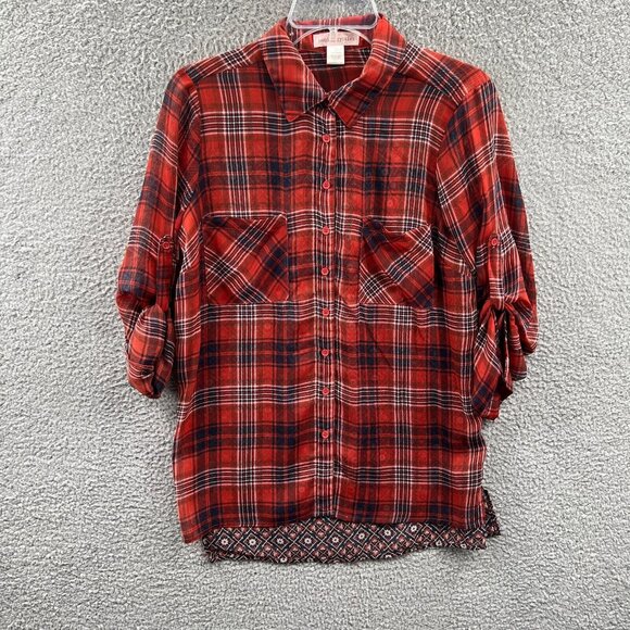 Band of Gypsies Womens Top Small Red Plaid Button Front Long Sleeve Sheer Shirt - Picture 1 of 11